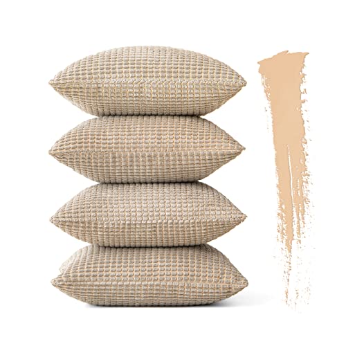 MIULEE Cushion Covers Striped Corduroy Fabric Square Throw Pillow Cover Decorative Pillowcases with Invisible Zipper for Sofa Chair Couch Bedroom 20x20 inch 50x50 cm 4 Pieces Sand