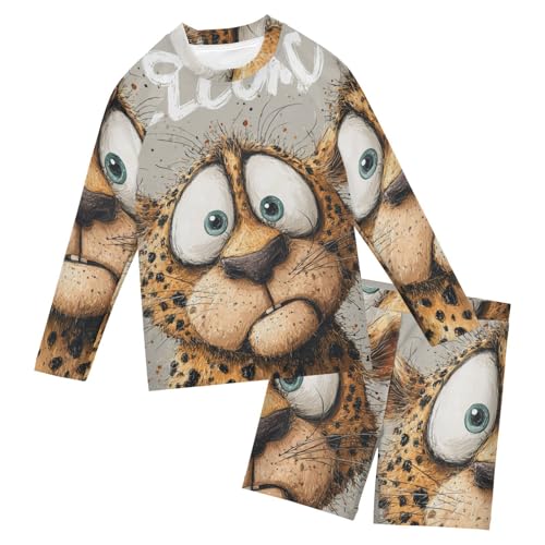 Bañador de 2 piezas para niños con manga larga y estampado de leopardo elástico