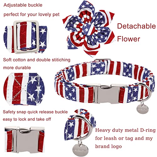 Image of Dog Collar with Flower, 4th of July Comfortable Cotton Dog Collar, American Flag Collar for Small Girl Dog, Patriotic Flower Collar with Metal Buckle, S