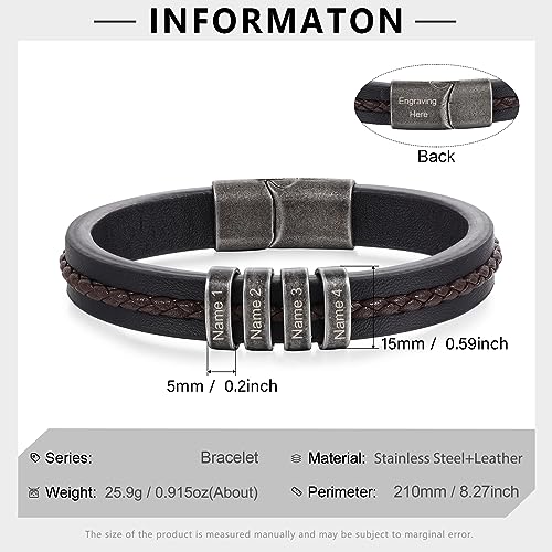 Jeweidea Personalized Leather Bracelet with Name Beads, Custom Braided Bangle Father's Day Engraved Jewelry Gifts for Men Dad Him Husband3
