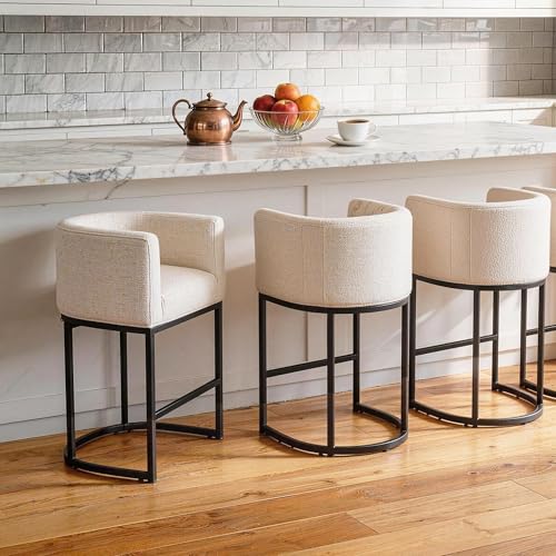 Image of 26 inch Counter Height Bar Stools Set of 1, Linen Fabric Upholstered Barrel Chairs with Back and Arms, Metal Frame Kitchen Island Stools with Footrest, Beige Fabric