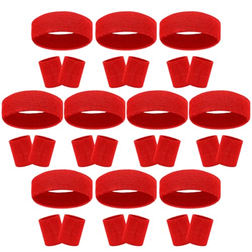 Image of 30 Pcs Sweatbands Wristbands Set Absorbent Terry Cloth Headbands Wristbands Neon Color Striped 80s Athletic Sweatbands for Sports Gym Exercise