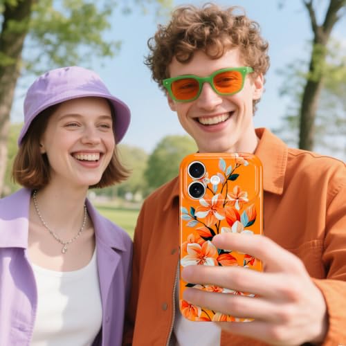 Image of Magnetic for iPhone 16 Case for Women Girl, Orange Floral | Stylish Flower Pattern Design [Compatible with MagSafe] [Full Camera Protection] 2-Layer Hybrid Shockproof Glossy Phone Case