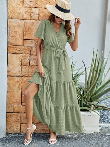 Image of MASCOMODA Women Boho Swiss Dot Maxi Dresses Wrap V Neck Flutter Short Sleeve Solid Tie Waist A Line Tiered Flowy Long Dresses