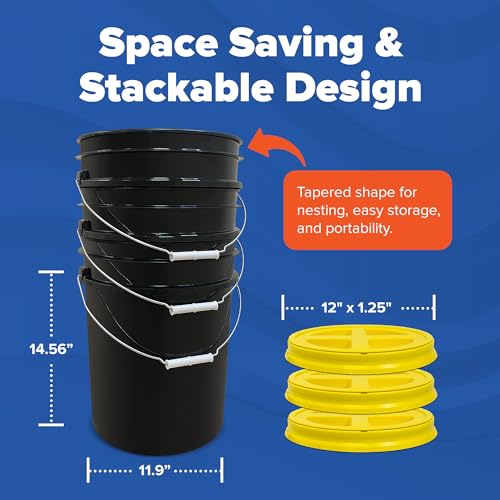 Image of ePackageSupply 5 Gallon Bucket - Food Grade w /Lid BPA-Free, Black /Yellow, 3 | Airtight Gamma Seal Screw-On Lid, Heavy-Duty 90 Mil HDPE Plastic, Food Safe and Durable Container, Bulk Storage, Made in USA