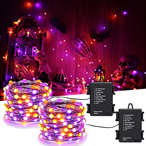 iBaycon 2 Pack 50 LED Battery Halloween Lights, 16.4ft Battery Operated Halloween Lights, Orange Purple Waterproof Twinkle Fairy Lights with 8 Modes & Timer for Indoor Outdoor Halloween Decorations