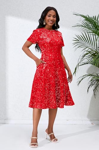 Image of Sequins Glitter Short Sleeve Women's Maxi A-line Dress - Sparkly Party Elegant