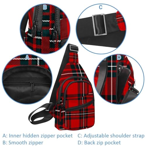 Bolso cruzado escocés negro y rojo con correa ajustable para hombro y pecho 4