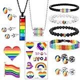FINREZIO LGBTQ Gay Pride Stuff Matching Couples Jewelry Rainbow Pride Necklace Bracelet Stud Earrings Set for Women Men Lesbian Bisexual Gay Pride Stuff Jewelry Valentines Day Gift