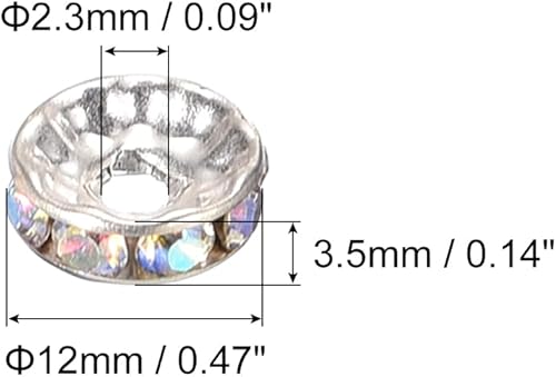 Miniatura 2 de uxcell 100 cuentas espaciadoras Rondelle de 0.472 pulgadas chapadas en plata, cuentas espaciadoras blancas AB con diamantes de imitación blancos,