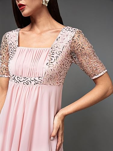 Image of Miss Chase Women's Round Neck Sleeve Embellished Fit Flare Maxi Dress