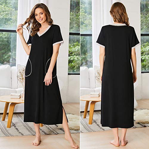 Adome Women's Nightgown, Cotton Novelty Sleepshirts V Neck Long Sleep Shirt Loose Comfy Pajama Sleepwear S-Xxl Black #TOP2