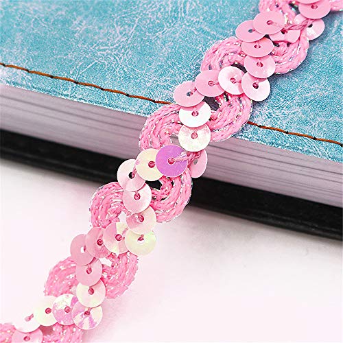 5 Meters 1.5cm Sparkly Sequins Fabric Trim Elastic Sequin Ribbon Trim Bling Stretch Trim Glitter Mesh Shiny Sewing Paillette Ribbon Lace Band for Halloween Mermaid Dress Headband Costume (C-Pink)