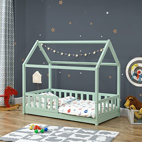 Juskys Kinderbett Marli 80 x 160 cm mit Rausfallschutz, Lattenrost und Dach - Hausbett für Kinder aus Massivholz - Bett in Mint-Grün Juskys Kinderbett Marli 80 x 160 cm mit Rausfallschutz, Lattenrost und Dach - Hausbett für Kinder aus Massivholz - Bett in Mint-Grün