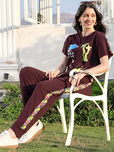 Image of ZEYO Night Suit for Women's Typography Printed Cotton Night Dress of Top and Joggers