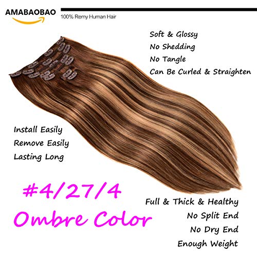Clip In Hair Extensions Real Human Hair, 120G 7Pcs Clip In Hair Extensions, 14 Inch Chocolate Brown Mixed Caramel Blonde #4/27/4 Human Hair Clip In Extensions, Double Weft Thickened Silky Straight Hair Extensions Clip In Human Hair, Real Hair Extensions Clip In Human Hair #TOP2