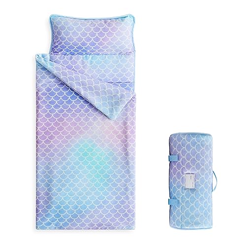 Wake In Cloud - Fleece Toddler Nap Mat with Pillow and Blanket, Plush Warm for Kids Boys Girls Daycare Preschool Kindergarten, Mermaids Scales in Pink Purple Blue