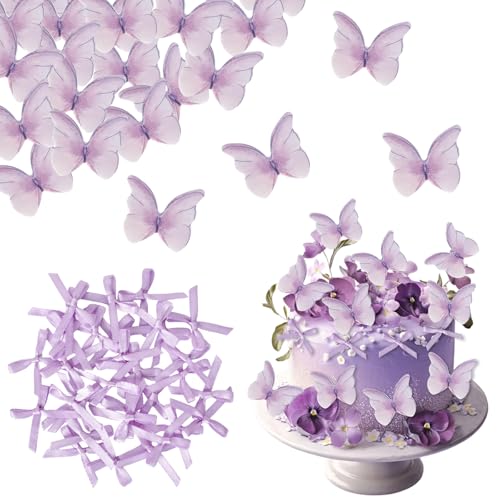 48 Piezas de Tapas Comestibles para Tartas con Mariposas, Obleas de Papel para Bodas y Cumpleaños, con 30 Lazos de Cinta de Satén para Fabricación de Tarjetas y Embalaje de Regalo (Serie Púrpura)