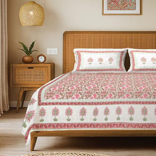 Image of Urban Space 100% Cotton Jaipuri Handblock Printed Double Size Bedsheet with 2 Pillow Covers, 200 TC Cotton Double Bedsheet (90 x 100 Inches, Noor Mahal Pink)