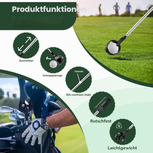 Huakaile Edelstahl Golfball Retriever Teleskop für Wasser, 199,9 cm, ausziehbarer Golfballgreifer mit Verriegelungsschaufel, Golfball-Picker, oberes Werkzeug, Zubehör für Golfer, Damen, Herren,