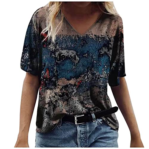 Hatoys Womens Tops V Neck Graphic T Shirt Oversized Short Sleeve Pullover Tee Rugged Painted Printed Longline Tunics