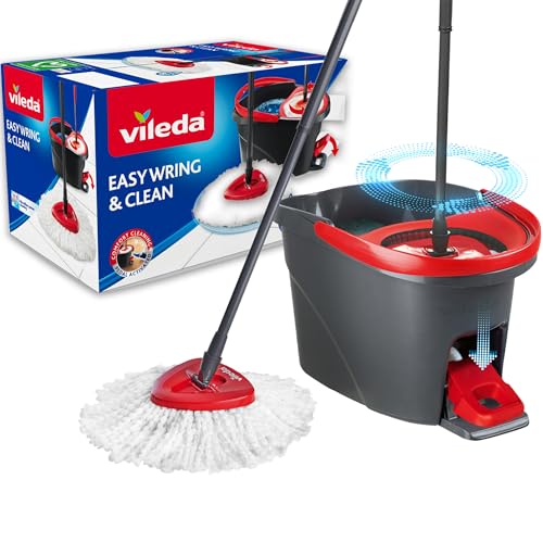 Vileda Easy Wring & Clean Schleudermopp & Eimer Set mit Fußpedal | Vileda | 3-teiliger Stiel 130cm | Bodenwischer mit Schleuderwringer | Turbo-Nachfüller 100% Mikrofaser Wischkopf |