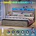 Hasuit Queen Size Bed Frame with Storage Ottoman, Farmhouse Bed Frame with Charging Station and Led Light, Headboard with Storage Rack, Metal Slats, No Noise Design, No Box Spring Needed,Oak Grey