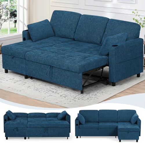 84" Chenille Pull Out Sofa Bed w/Adjustable Backrest, L-Shape Modern Sleeper Sofa w/Reversible Chaise, Upholstered Sectional Couch w/USB Port and Side Pockets for Living Room, House, Blue - Thumbnail 2