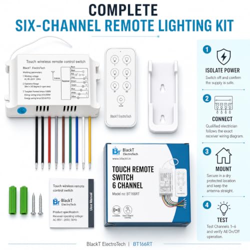 Image of BlackT ElectroTech Touch Wireless Remote Control Switch, 6 Channel 433.92 MHz RF Light Controller, 30 m Range, AC 85-265V Receiver | All On /Off Remote | BT166RT