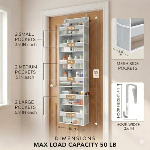 Image of HOMELUX THEORY UPGRADED 6 Tiers Over The Door Organizer Hanging - 100D EXTRA THICK & 50lbs HUGE CAPACITY, 12 Side Mesh Pockets Over The Door Shoe Organizer, Hanging Closet Organizer (Light Gray, 2pc)