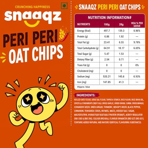 Image of Snaaqz Oat Chips Peri Peri | Crunchy Baked Snack | Palm Oil Free | High Fibre | Vegetarian Healthy Chips | Low Calorie Snack | Pack of 2