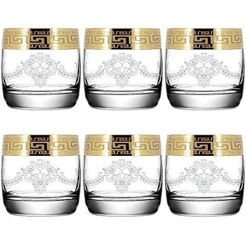 Whiskey Glasses Set of 6 with Gold Rim for Men or Women, Dad, Granddad Gift Set - Round Bottom Modern Design - 250ml (Baroque Style FBA) Cover