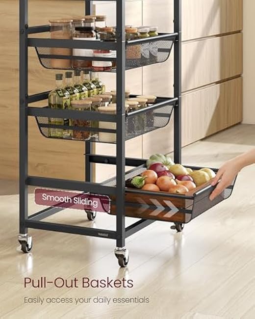VASAGLE Storage Cart with Pull-Out Baskets, 5-Tier Kitchen Cart with Wheels, Handle, 12.5 x 15.8 x 37.4 Inches, Rustic Brown and Ink Black ULRC041K01-wKVpnVPE