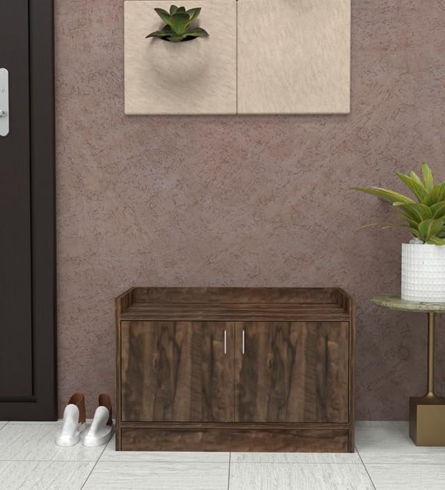 Image of SPECIALITY PANELS 2 Door Shoe Rack with Cushion | 2 Door Shoe Cabinet with Storage Bench | Shoe Organizer for Entryway Home Living Room | 75 x 49 x 37.5cm Storage | DIY Assembly | Walnut Brown Finish