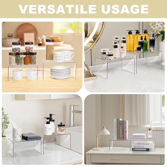 Acrylic Clear Kitchen Rack for Dishes, Spices Jars and Mugs, Kitchen Counter Cabinet Organizer, Clear Spice Rack Shelves, 5mm Thick, 2 Pack