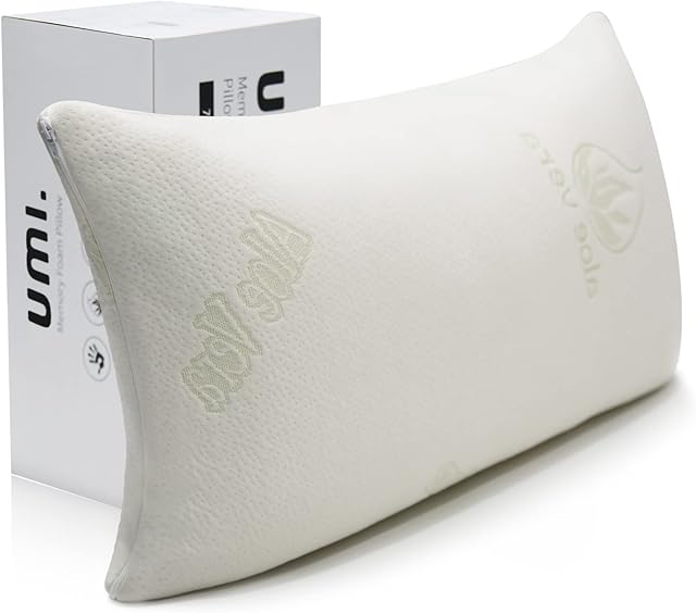 Amazon Brand - Umi Bed Pillows Shredded Memory Foam Pillow for Neck and Shoulder, Orthopedic Pillow with Aloe Vera Cover for Side Back Stomach Sleepers, 70x35cm