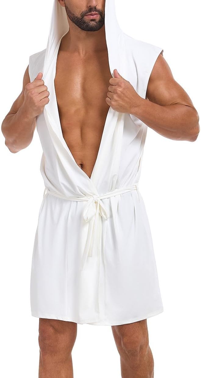 VintageClothing Men's Summer Robe with Hooded Lightweight Bathrobe House Kimono Sleeveless Sexy Sleepwear Pajamas