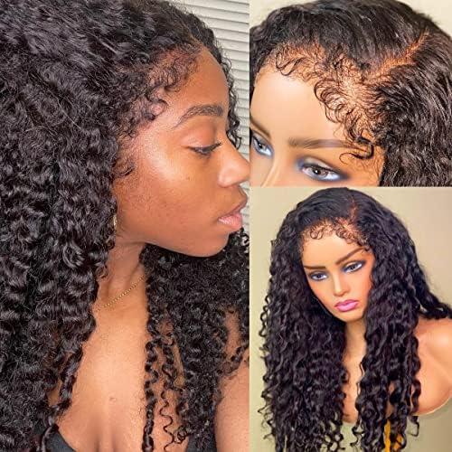 180% Density Kinky Curly Edges Hairline 13X4 Lace Front Wigs HD Transparent Lace Frontal Wigs Human Hair with Curly Baby Hair Kinky Curly Glueless Frontal Wig Natural Pre Plucked (18inch, natural black color)