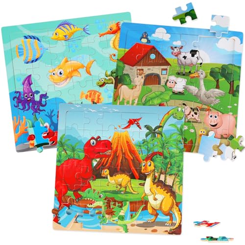 Wooden Puzzles Toys for Kids Ages 3-5, Set of 3 Packs with 36-Piece Wood Jigsaw Puzzles, Dinosaur, Farm and Ocean Theme. Ideal Gifts for Boys and Girls 3 4 5 6 Years Old