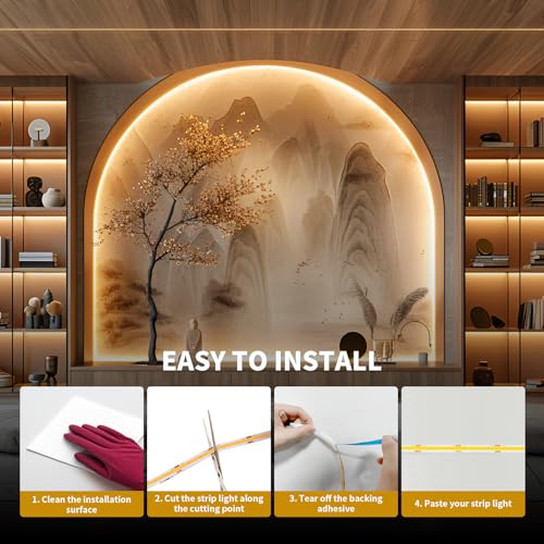 Image of COB LED Strip Light 40ft /12m (1 Roll) Warm White 3000K | High Lumen CRI 90+ with UL Listed Power Adapter Remote for Bedroom Counter Under Cabinet Kitchen Projects