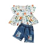 Toddler Baby Girl Summer Outfit Sunflower Ruffled Tops Sleeveless Tie Dye T-Shirt Denim Shorts Pants Tulle Ripped Jeans Set (Style#1, 2-3T)