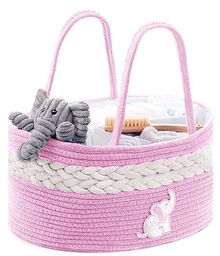 CRADLE STAR Diaper Caddy Organizer Made from 100% Cotton Rope - Basket Diaper Organizer - Portable Baby Diaper Caddy Organizer with Compartments - Diaper Basket Caddy - Delicate Pink