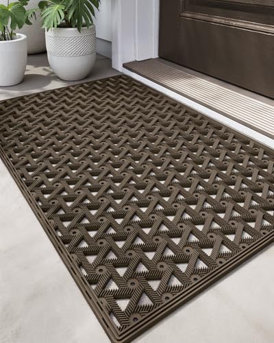 DEXI Door Mat for Home Entrance 48.5x75 cm Non Slip Rubber Heavy Duty Floor Mats with Drainage Dirt Trapper Waterproof Welcome Entrance Mat for Front Door Patio Entryway Brown