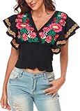 YZXDORWJ Women's Casual V Neck Sexy Elastic Waist Traditional Mexican Peasant Blouse (XXL, 461BK)