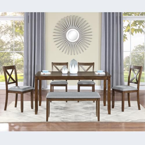 Image of Harper & Bright Designs 6-Piece Dining Table Set with 4 Upholstered Chairs & Bench, 58.5 inch Rectangular Solid Wood Frame Table, Dining Table Set for 6 People, Living Room, Home Bar and Kitchen,Walnut