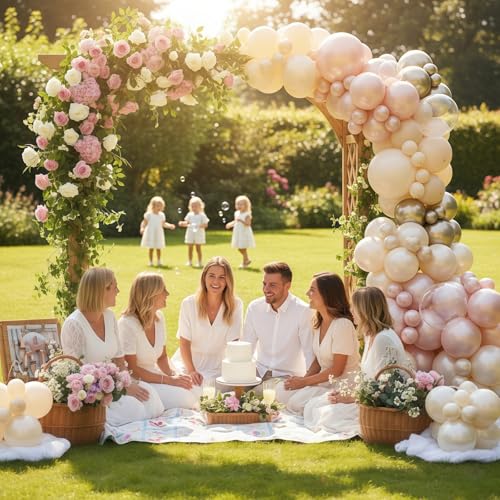 Image of Dusty Pink and Gold Balloon, 12 Inch Double Stuffed Pearl Pastel Blush Pastel Pink Light White Metallic Gold Latex Balloons for Women Girls Birthday Baby Bridal Shower Wedding Boho Party Decorations