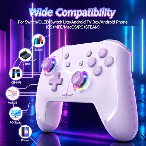 Image of Switch Controller, Wireless Pro Controller for Nintendo Switch 2 /Switch /Lite /OLED, Bluetooth controllers Compatible with iPhone /Mac /iPad /iOS /Android /Phone /PC /Steam and TV with Programming /RGB4 /Vibration / 3 Turbo Modes /6-Axis /Motion (Purple)
