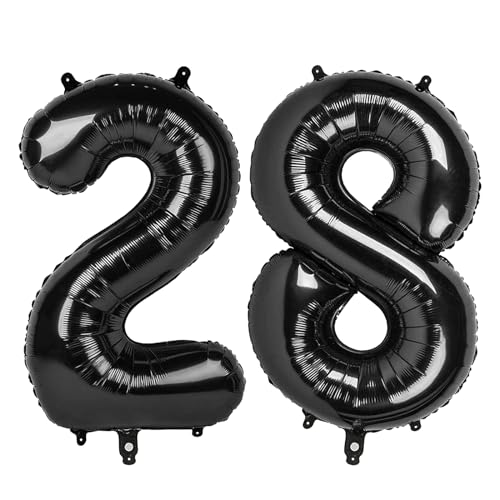 Image of Number Balloons 28 Balloon Black for 28 82 Birthday Party Decoration, 40 in | Saturated Color, Large 40 inch, With Inflation Straw & Hanging Holes, Great for Men's Birthday, Gothic Theme Party, Halloween