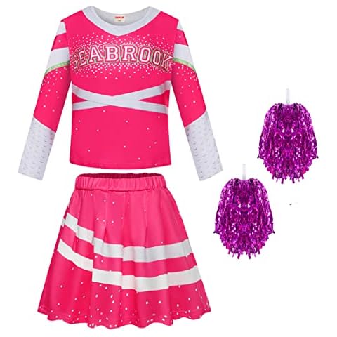 OAIXIUR Girls Zombies Cheerleader Dress Outfit Chrissy Green Hawkins Cheerleader Dress Up Aged 2-13years (Red &2poms,6-7 Years,6 Years,7 Years) Cover