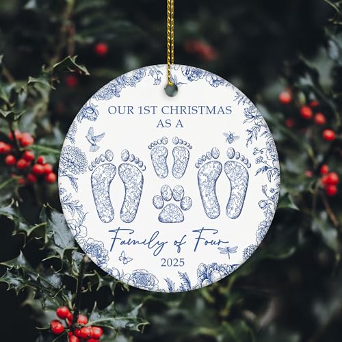 Image of Family of Four with Dog Ornament 2025, First Time Parents Christmas Ornament